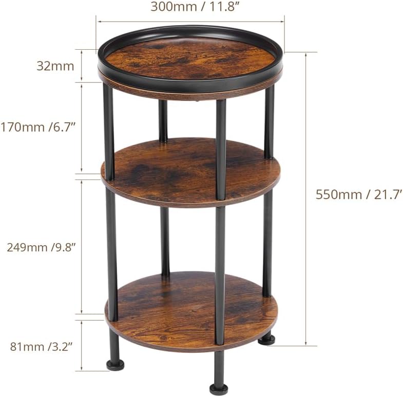 Small Round Side Table for Small Spaces, 3-Tier Round Accent Table Slim Side Table, Modern Sofa Corner Table for Living Room Nightstand Bedroom (Rustic Brown)