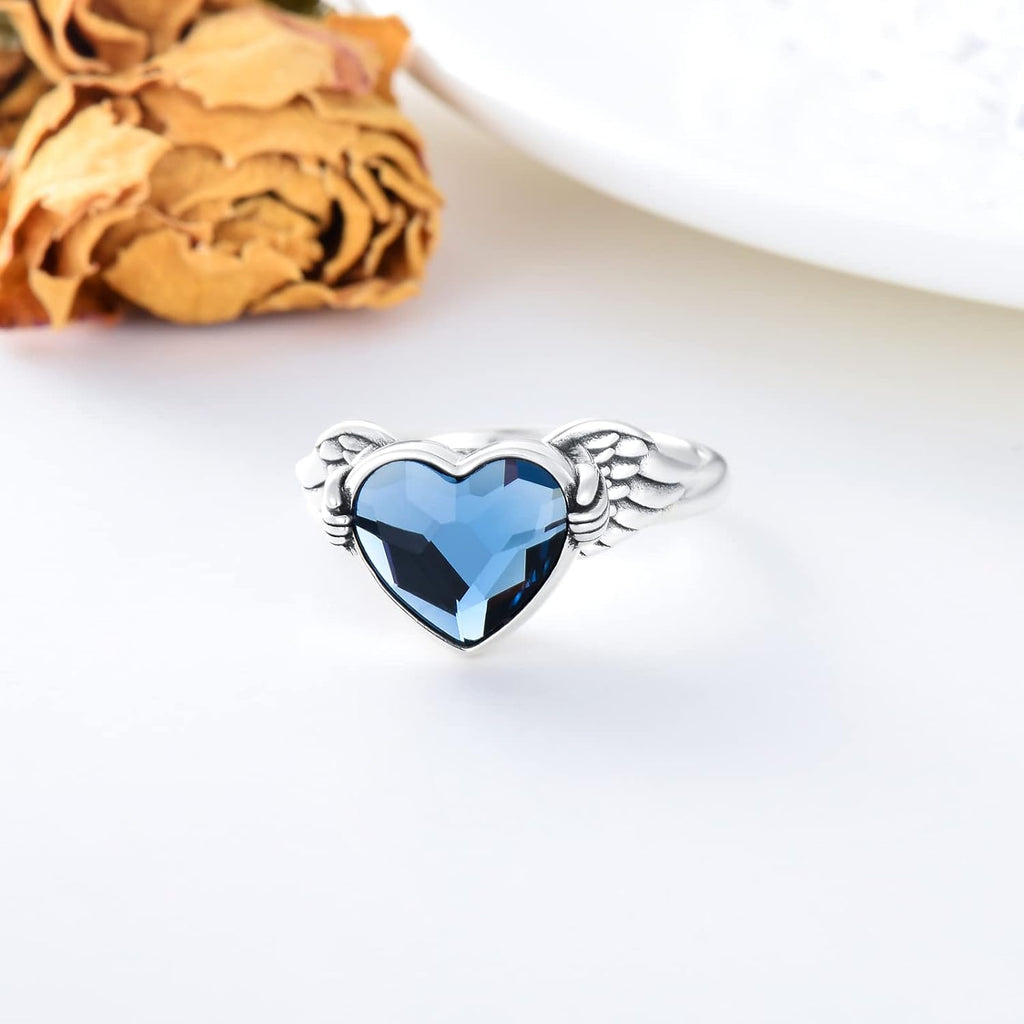 Urn Ring for Ashes 925 Sterling Silver Hold You in My Heart Angel Wings with Blue Crystal Heart Cremation Memorial Keepsake Jewelry Size 6-10
