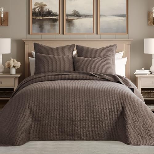 Levtex Home - Cross Stitch Taupe Quilt Set - King/Cal King Quilt + Two King Pillow Shams - Cross Stitched Pattern - Quilt Size (106x92in.) and Pillow Sham Size (36x20in.) - Reversible - Cotton Fabric