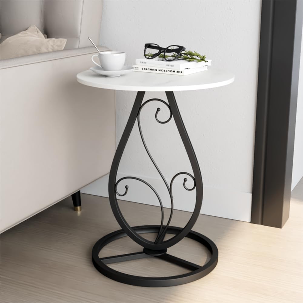 Boho Round Side Table Living Room, Natural Marble Desktop end Tables with Boho Minimalist Metal Floral Base, Modern Decor Bedside nightstand Coffee Table for Living Room Bedroom Sofa Balcony