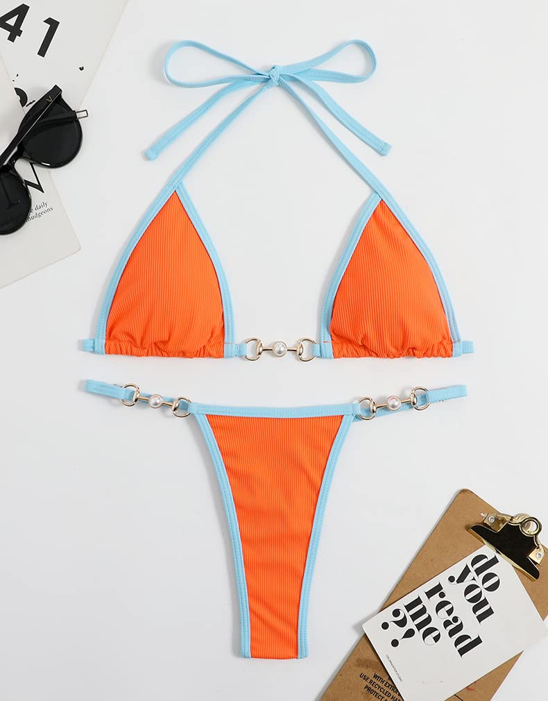ATENGNES Women's Triangle Thong Bikini Sets Sexy Brazilian String Chain 2 Piece Swimsuit Cute Bathing Suit Orange