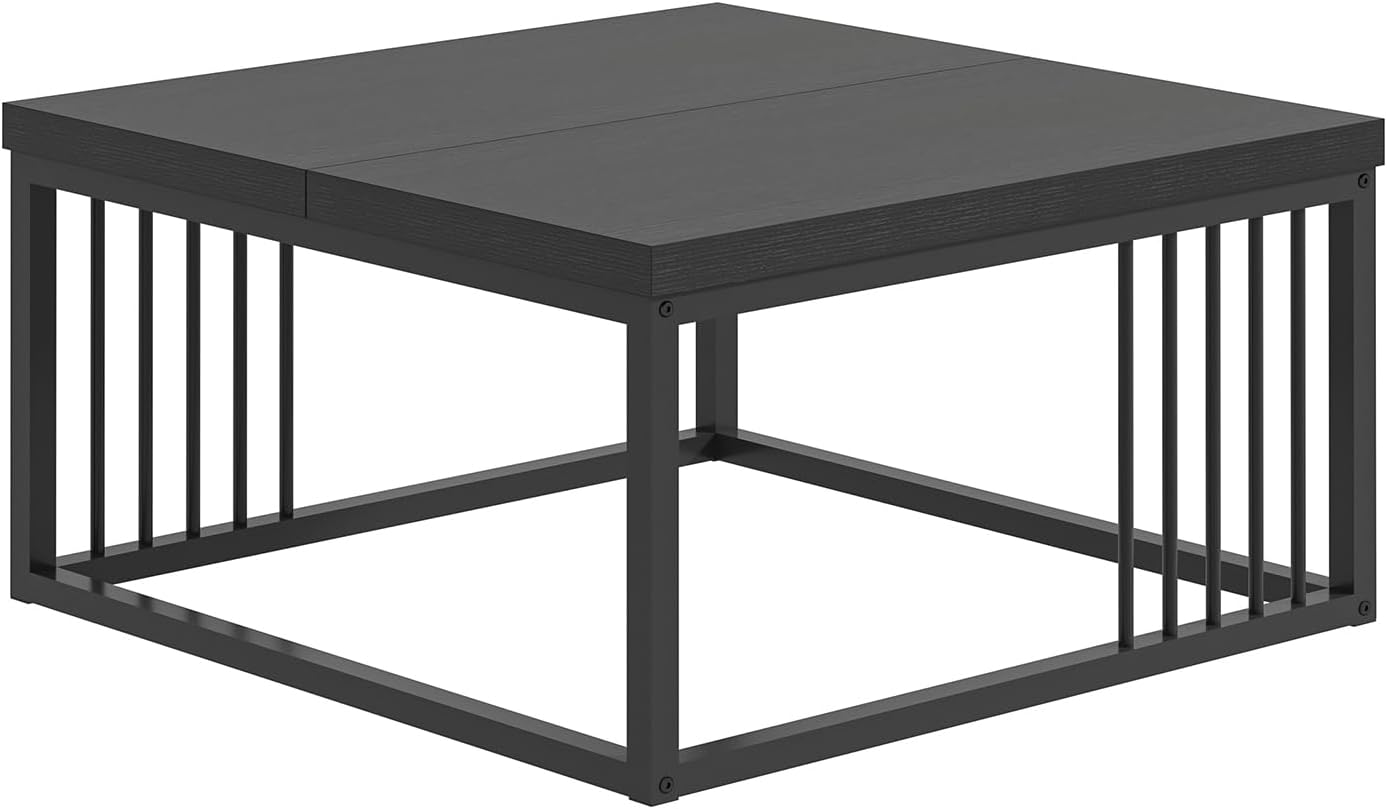 FOLUBAN Black Coffee Table, Modern Square Center Table for Living Room, Industrial Rustic Wood and Metal Cocktail Tea Table, 31.5 Inch