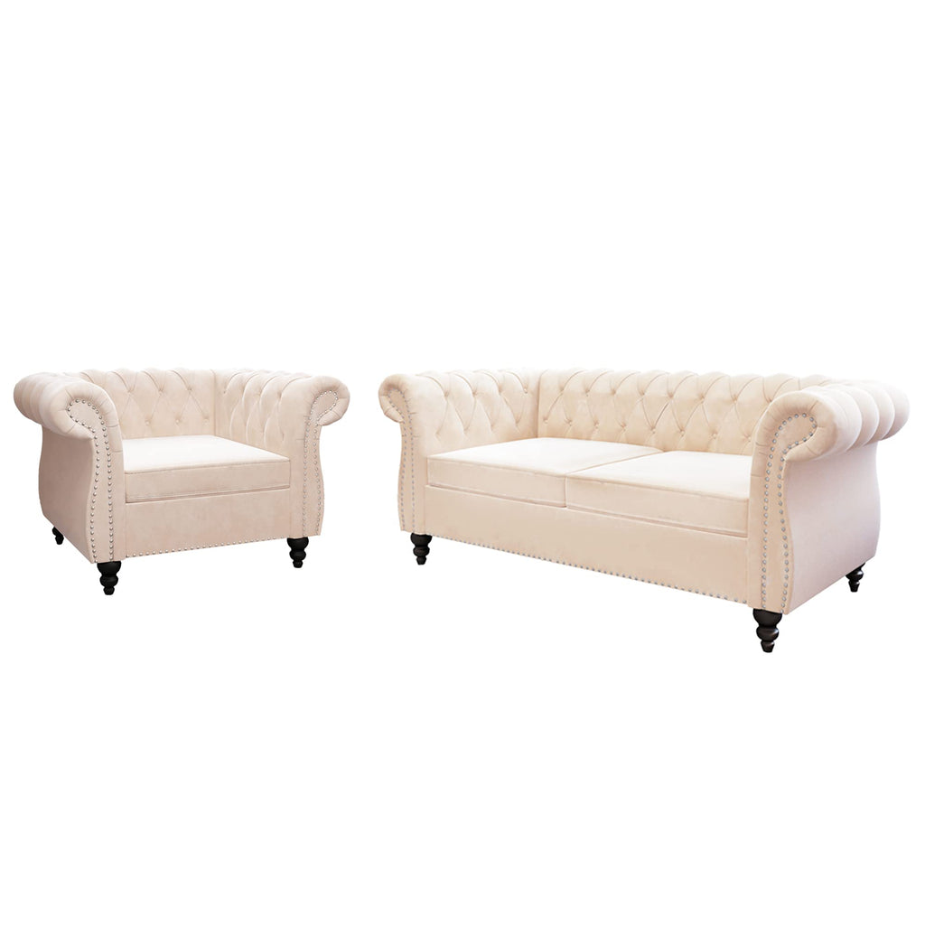 2 Piece Living Room Set, Chesterfield Leather Sofa Couch Chair with Scroll Arms and Nailhead for Living Room, Office (Dark Brown)