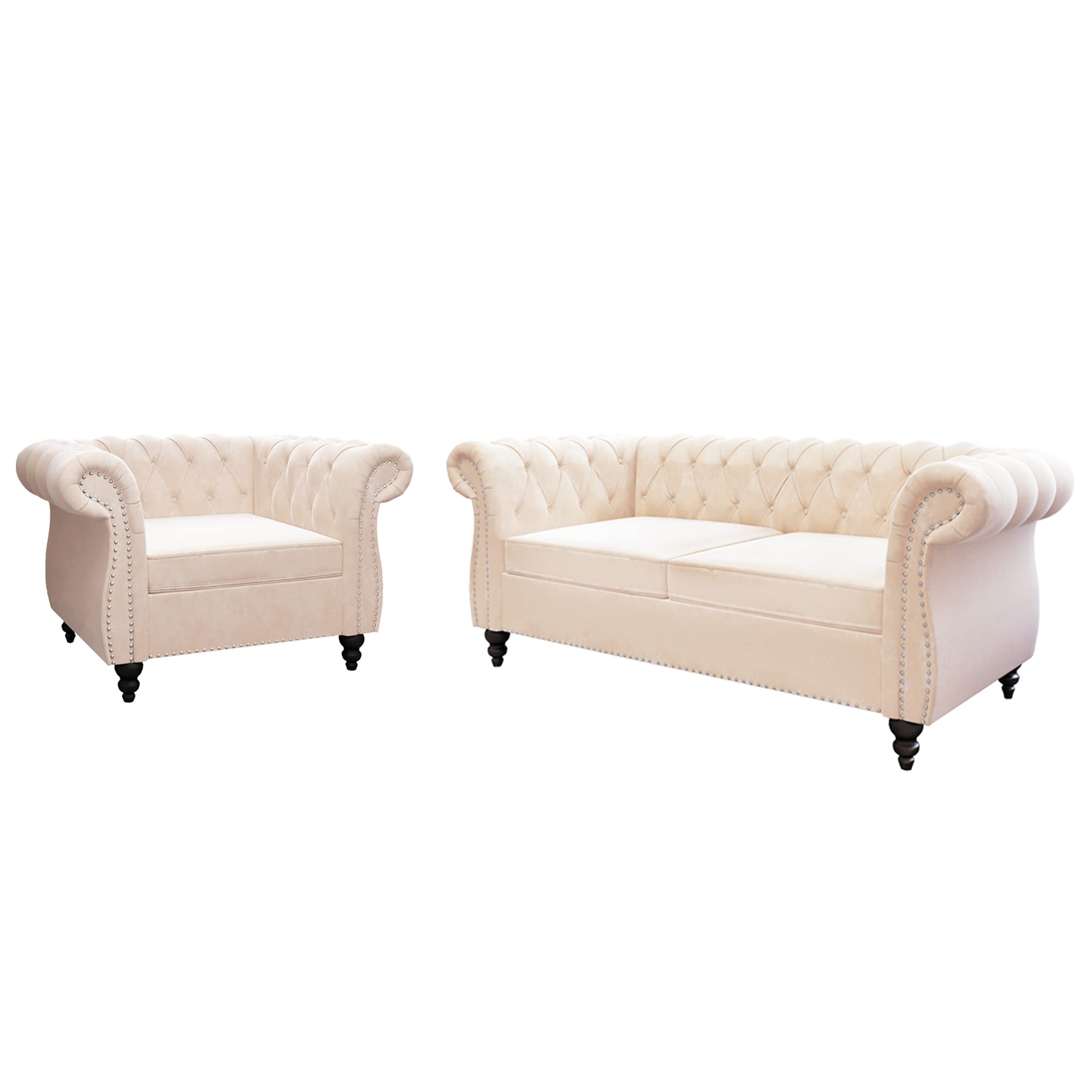 2 Piece Living Room Set, Chesterfield Leather Sofa Couch Chair with Scroll Arms and Nailhead for Living Room, Office (Dark Brown)