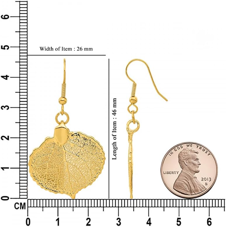 24K Gold-Plated Dipped Aspen Leaf Dangle Earrings (L- 1.82 Inch, W- 1.03 Inch)