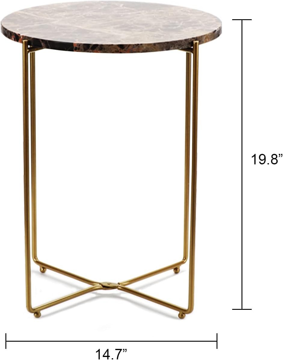 Real Marble top Gold Metal Round 15 in Side End Table with Modern Lightweiht Bedside Small Coffee Table Plant Stand for Living Room Bedroom Small Space