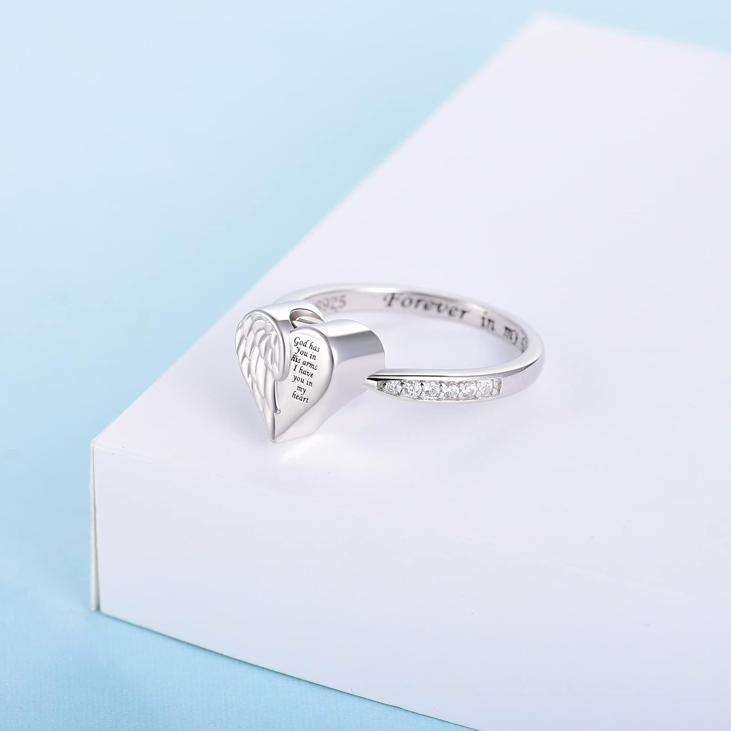 Angel Wing Heart Cremation Ring for Women - 925 Sterling Silver Holds Loved Ones Ashes Rings for Pet Human Ash