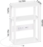 3-Tier Small Narrow Wood Side Table with Charging Station, Skinny Nightstand for Small Space, Slim Bedside Table with Storage for Couch, Thin End Table with USB Ports and Outlets, White