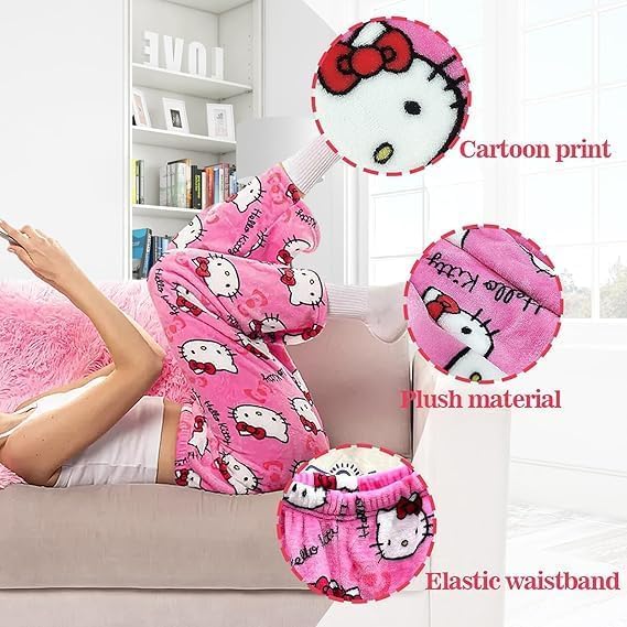 Cartoon Pajamas Pants for Women Girls Cute Cat Print Flannel Sleep Bottoms Halloween Christmas Sleepwear M