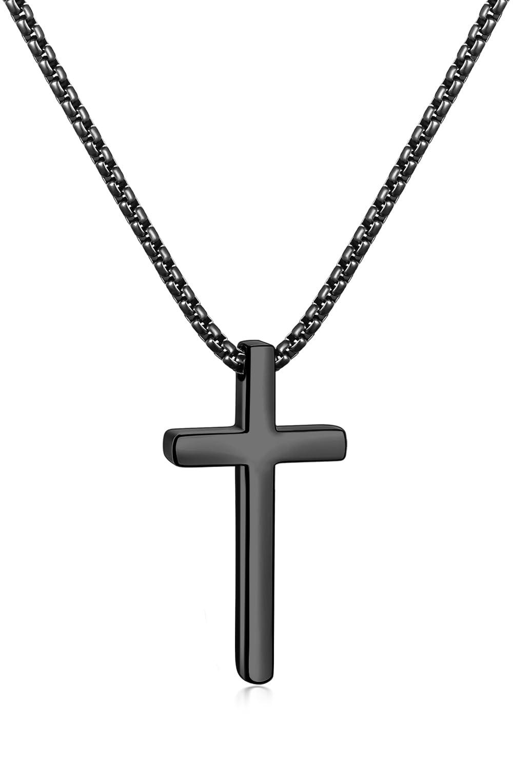 Fiusem Cross Necklace for Men, Silver/Gold/Black Mens Cross Necklaces with 2.5mm Cross Chain and Stainless Steel Cross Pendant, Box Chain 16-24 Inch