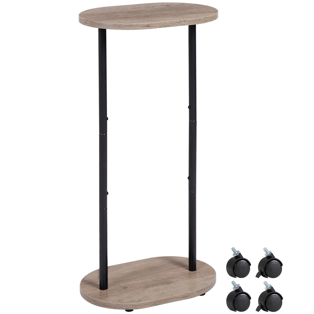 Narrow Side Table, 2-Tier Oval Drink End Table with Wheels for Living Room, Skinny Nightstand for Small Spaces, Bedroom, Bathroom, Black, HETNR01BK-1