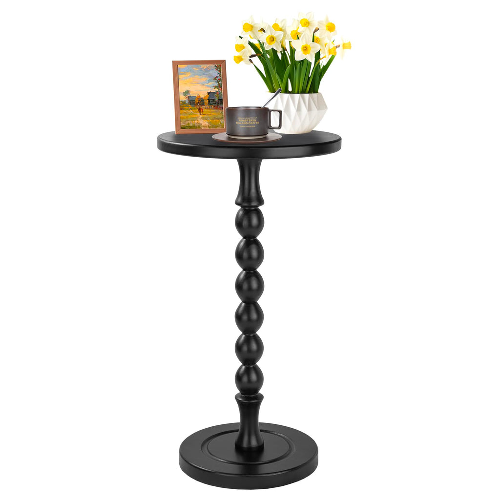 Round Side Table for Small Spaces, Drink Table with Oak Wood Pedestal, Modern End Table Nightstand for Living Room, Bedroom, Office, and Corners, Tool-Free Assembly, Brown