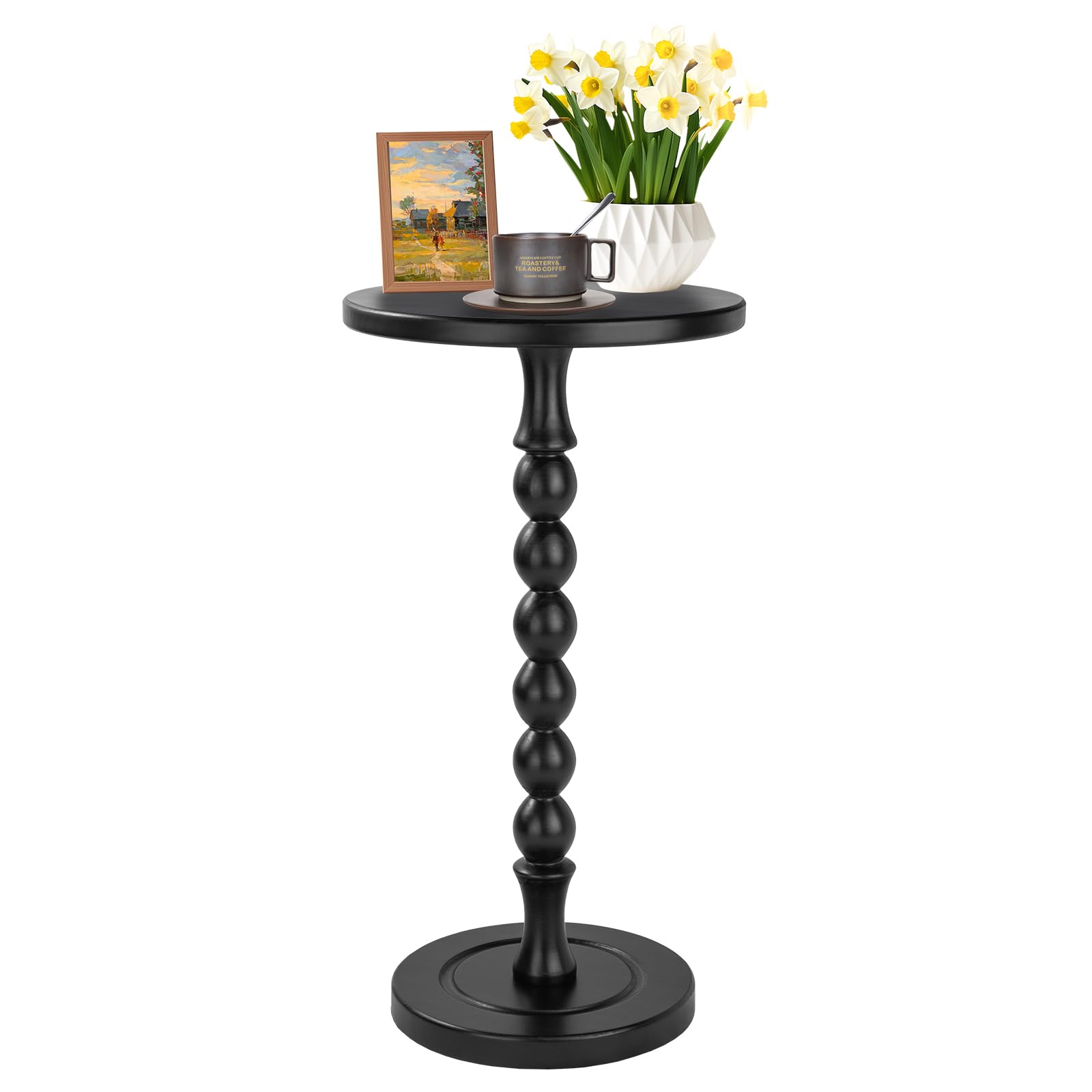 Round Side Table for Small Spaces, Drink Table with Oak Wood Pedestal, Modern End Table Nightstand for Living Room, Bedroom, Office, and Corners, Tool-Free Assembly, Brown