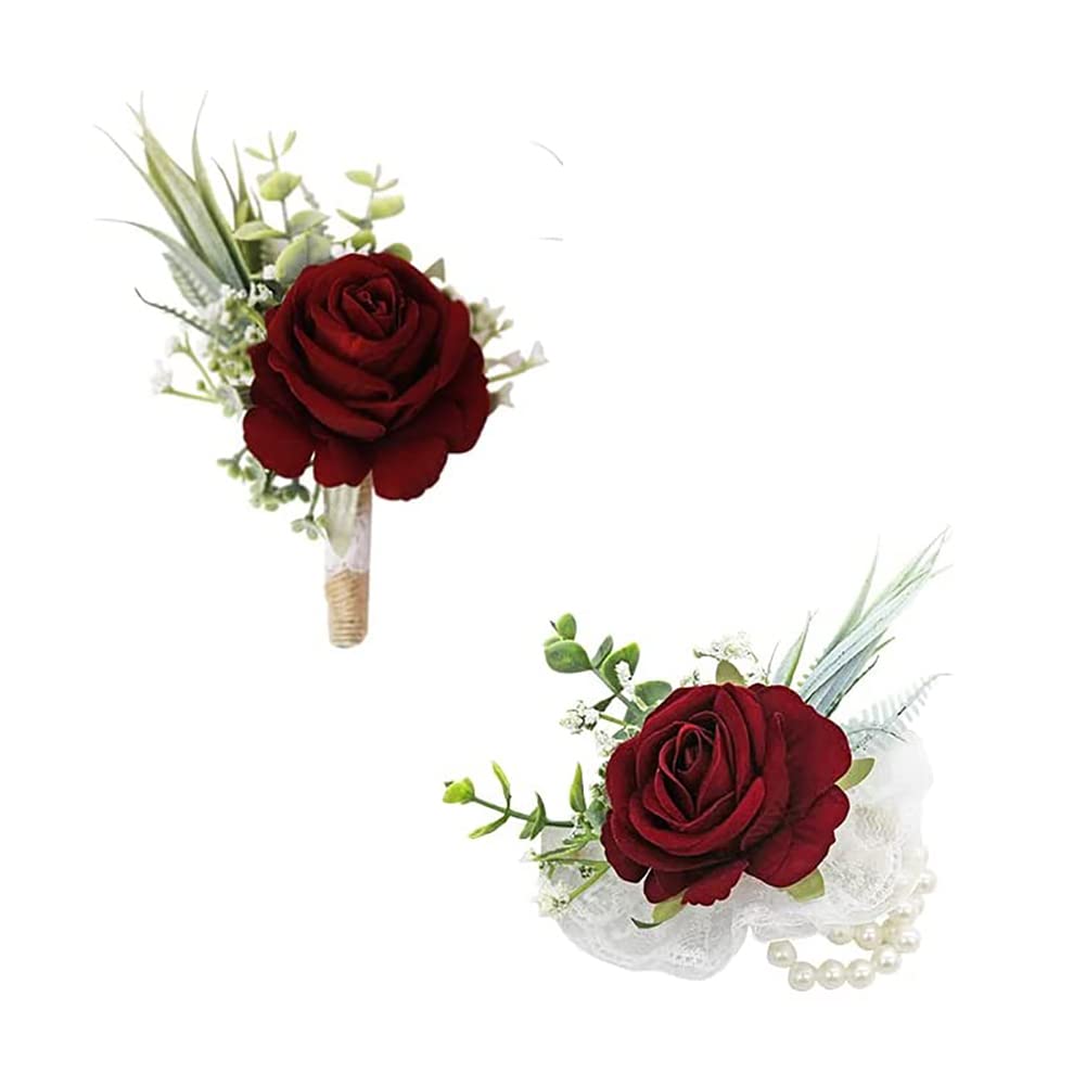 Ansofi Wine Red Corsage and Boutonniere Set Artificial Burgundy Rose Flower Wrist Corsage and Boutineers for Groom Groomsmen Bride Bridesmaids Prom Rustic Vintage Wedding Decor