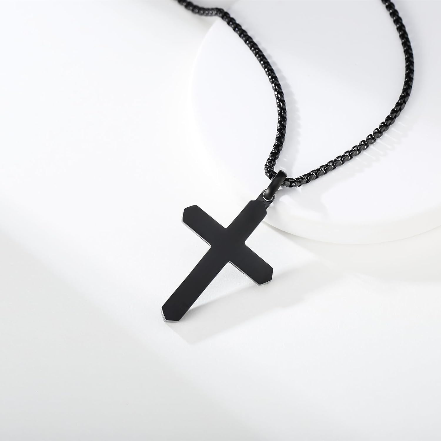 Wooden Cross Necklace for Men, Real Ebony Inset In Black Stainless Steel Christian Wood Crucifix Pendant, Includes Necklace 24" Box Chain
