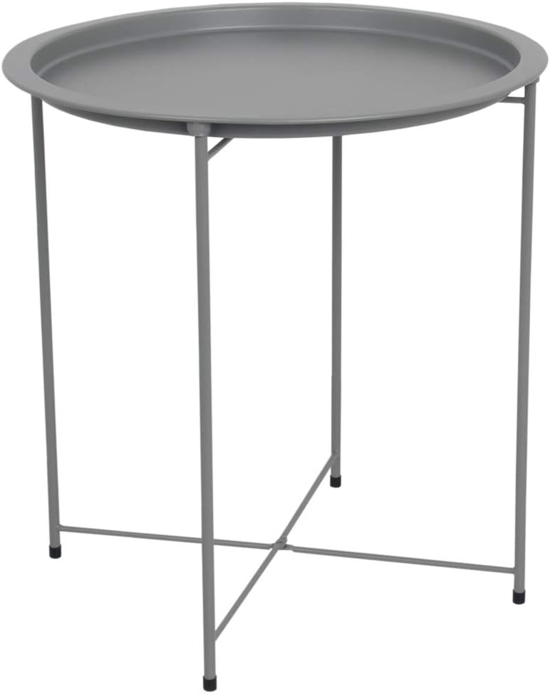 Home Basics , Matte Grey Foldable Round Multi-Purpose Metal Side Accent, Coffee, End Table for Bedroom, Living Room