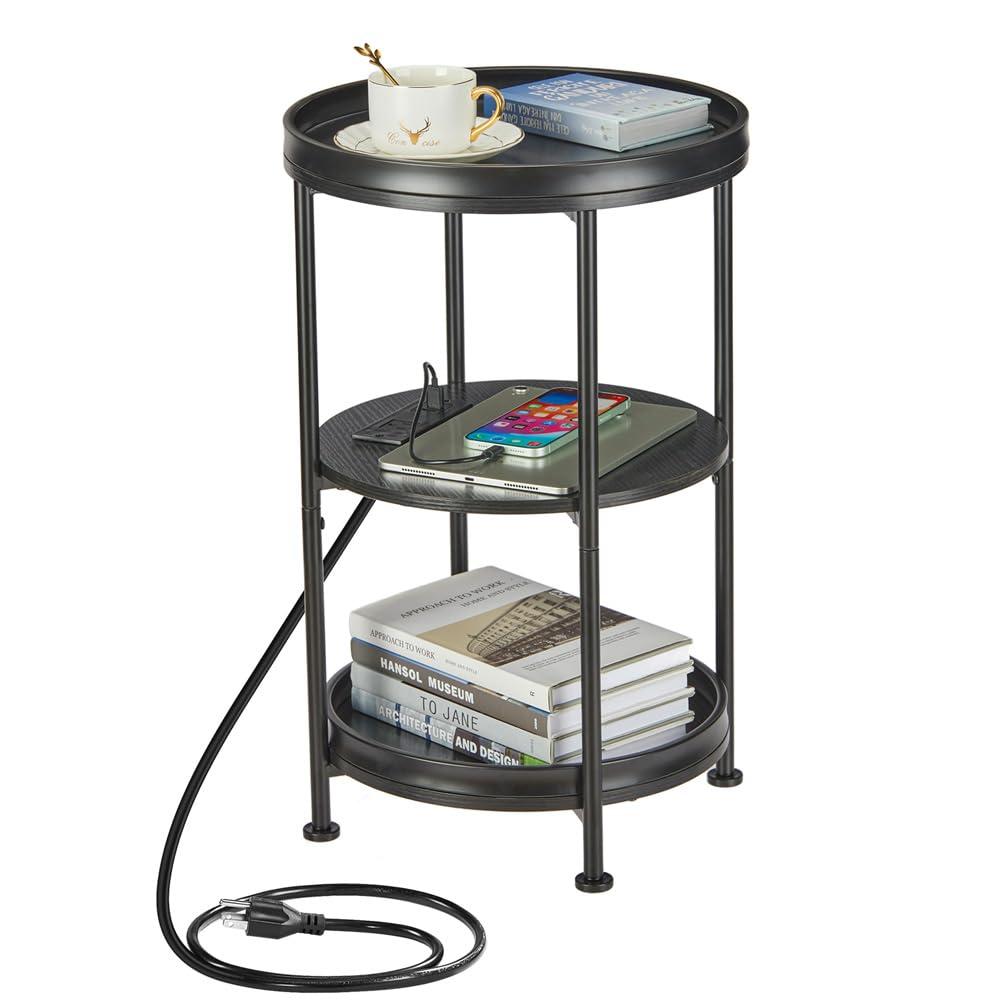 Dulcii Side Table, Round End Table with 3 Storage Shelves for Living Room, Bedroom, Nightstand with Steel Frame for Small Spaces, Industrial Round Sofa Table, Outdoor Accent Coffee Table, Rustic Brown