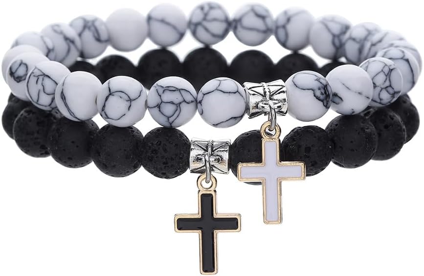 Matte Lava Rock Beaded Couple Bracelet Set for Women Men Black White 8mm Howlite Natural Volcanic Stone Matching Beads Elastic Cross Pendant Stretch Bracelets Religion Charm Friendship BFF Jewelry