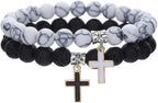 Matte Lava Rock Beaded Couple Bracelet Set for Women Men Black White 8mm Howlite Natural Volcanic Stone Matching Beads Elastic Cross Pendant Stretch Bracelets Religion Charm Friendship BFF Jewelry
