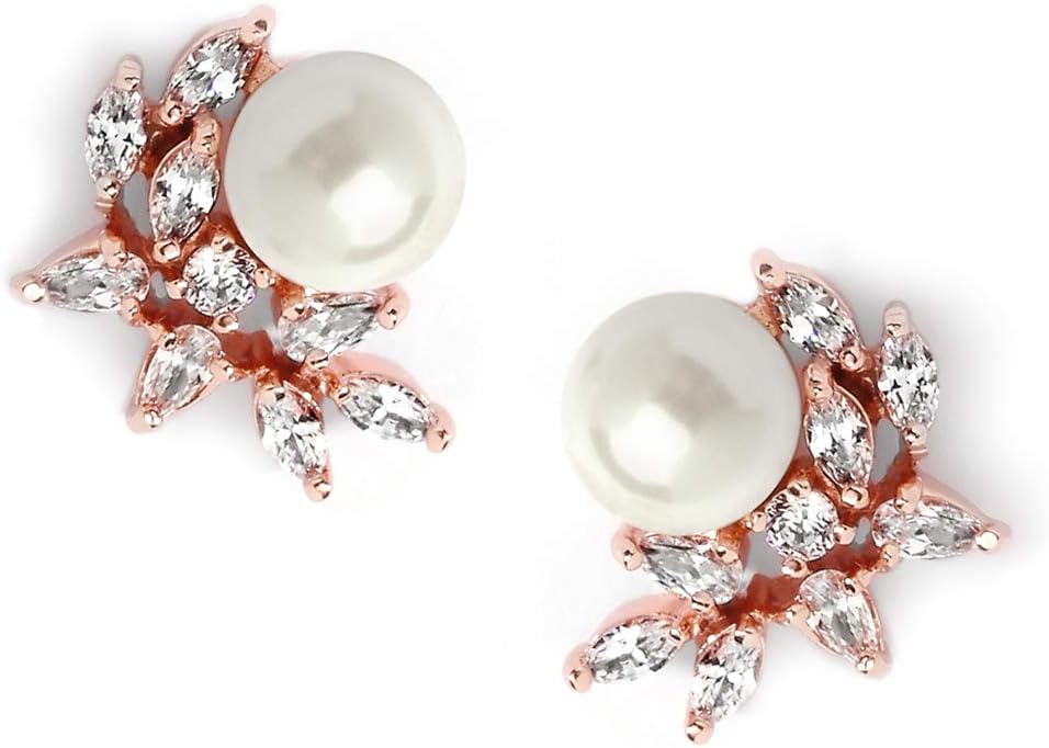 Mariell Pearl & CZ Crystal Rose Gold Wedding Earrings for Bride, Bridesmaid & Mother of the Bride, Prom