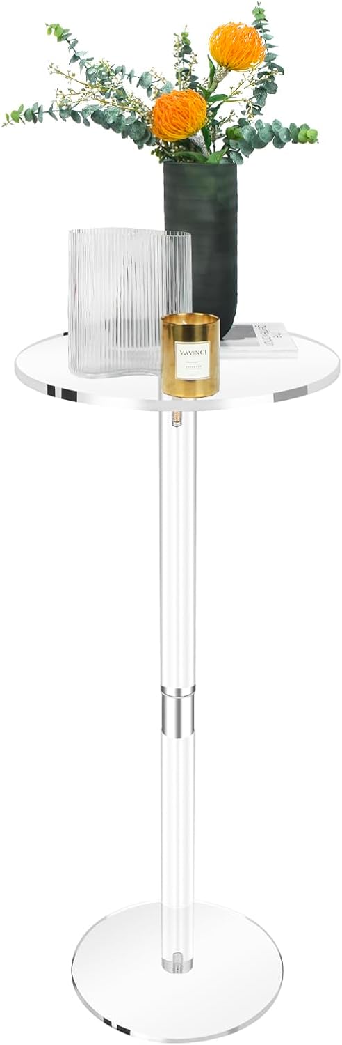 Acrylic Drink Table for Small Space 10" L x 10" W x 21.3" H Clear Side Table Round End Table Coffee Table Living Room Balcony Bedroom Bathroom Bar Easy Assembly
