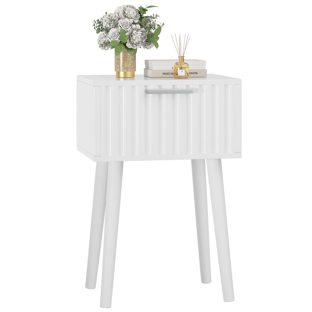 YMYNY Fluted Nightstand Set of 2, Small End Table, Modern Coffee Table with Drawer, Solid Wood Legs, Retaining Chain, 13.8" x 10.6" x 20.9", for Bedroom and Small Spaces, Black UHST014B-2