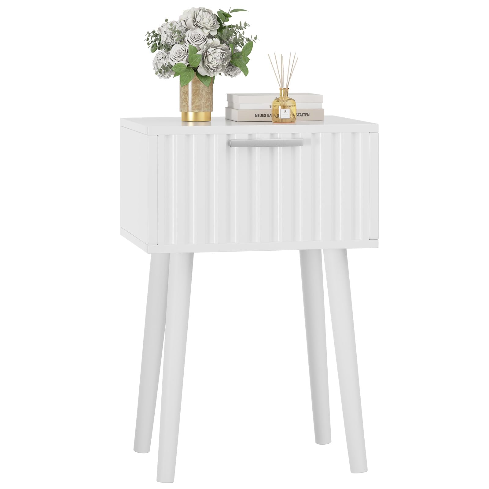 YMYNY Fluted Nightstand Set of 2, Small End Table, Modern Coffee Table with Drawer, Solid Wood Legs, Retaining Chain, 13.8" x 10.6" x 20.9", for Bedroom and Small Spaces, Black UHST014B-2