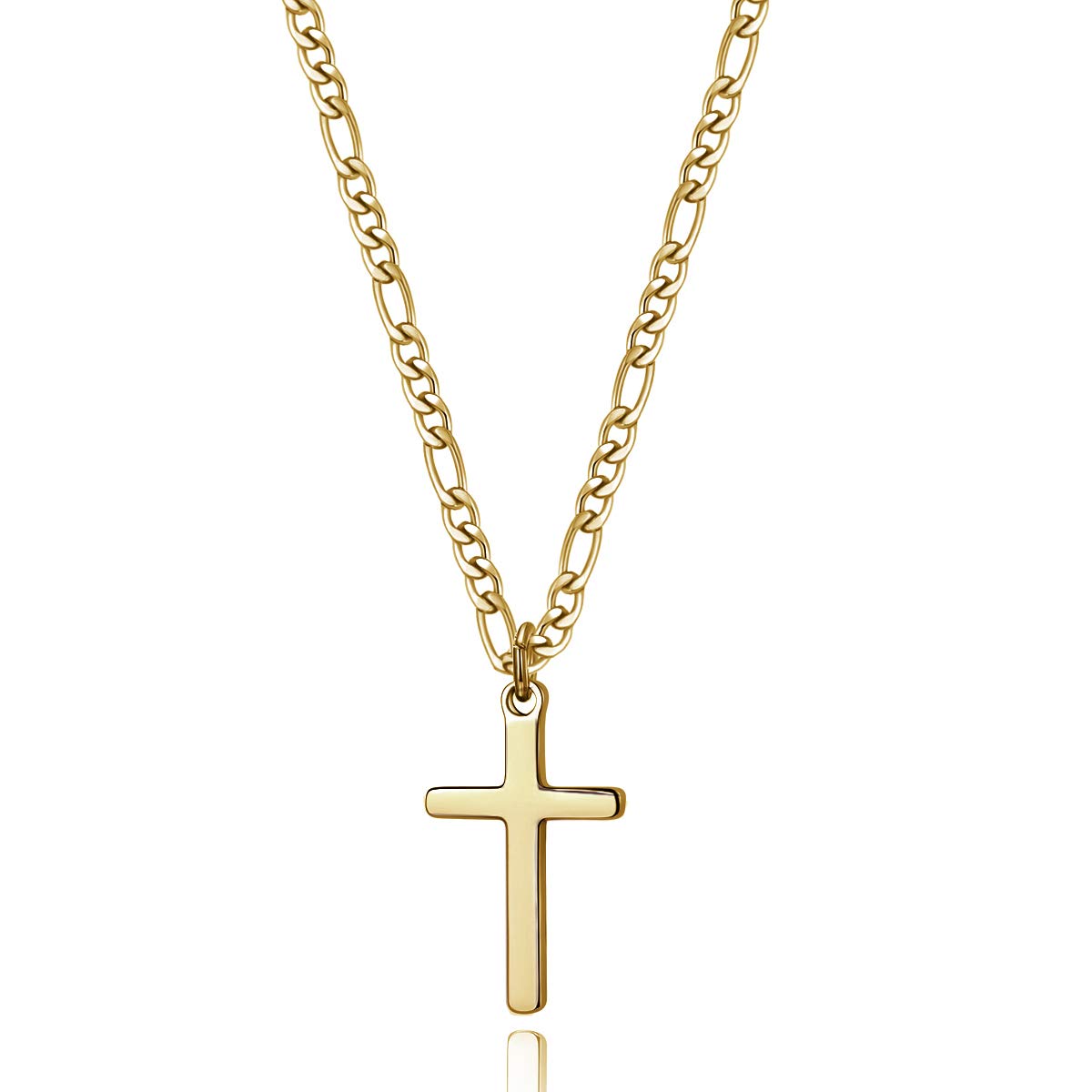 14K Gold Filled Cross Necklace for Men Figaro Chain Stainless Steel Plain Polished Cross Pendant Necklace Simple Faith Jewelry Gift for Women