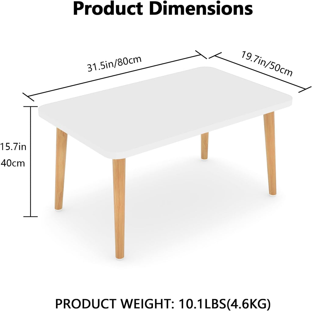 Square Coffee Table Low Table with 4 Solid Wood Sturdy Legs, Floor Table Desk for Sitting on The Floor, Storage and Living Room Furniture (White)