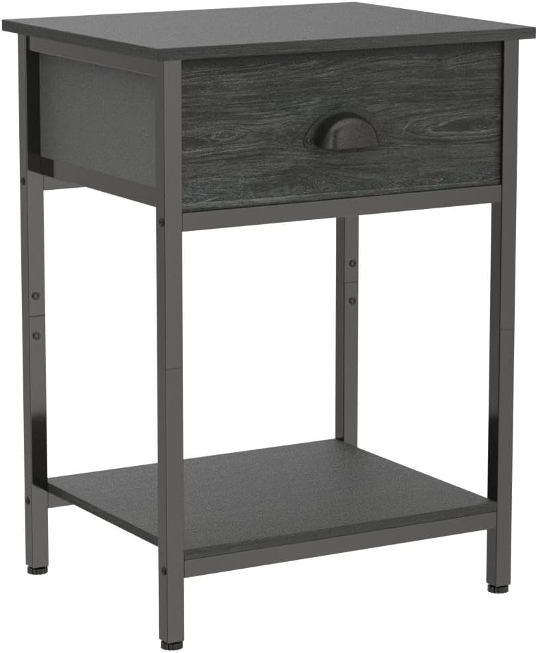 Furologee Nightstands Set of 2, Industrial End Table with Fabric Drawer&Storage Shelf, Small Bedside Table Organizer for Small Space for Living Room, Tall 23.6" Night Stand for Bedroom, Black Oak