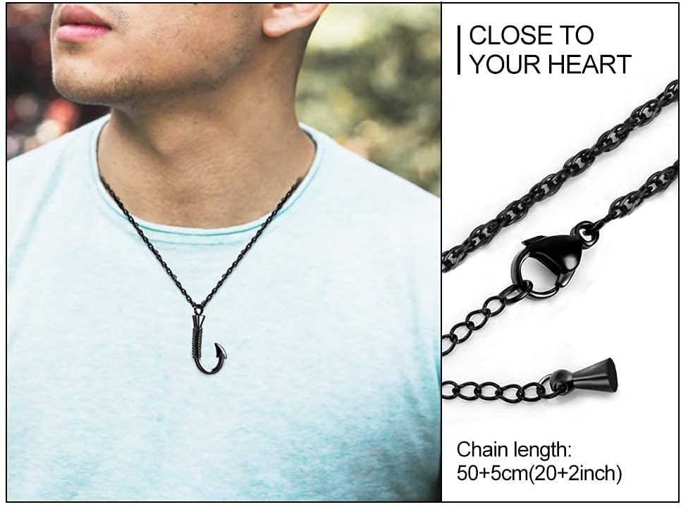 abooxiu Fishing Hook Urn Necklace for Ashes Fish Hook Stainless Steel Cremation Jewelry Memorial Pendant Keepsake for Men