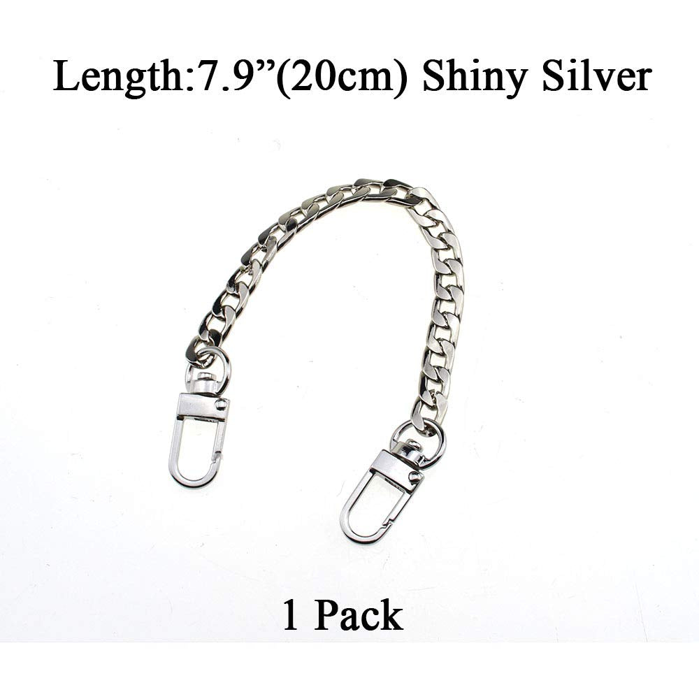 HAHIYO Mini Pochette Purse Chain Strap Slim Wide 7mm for LV Length 7.9 Inches Extra Thick 2.6mm Shiny Silver for Handbag Wallet Clutch Comfortable Flat Metal Strap 1 Pack