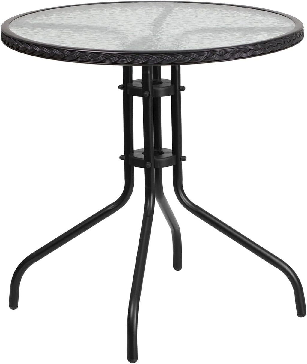 Flash Furniture Barker 28'' Round Tempered Glass Metal Table with Black Rattan Edging
