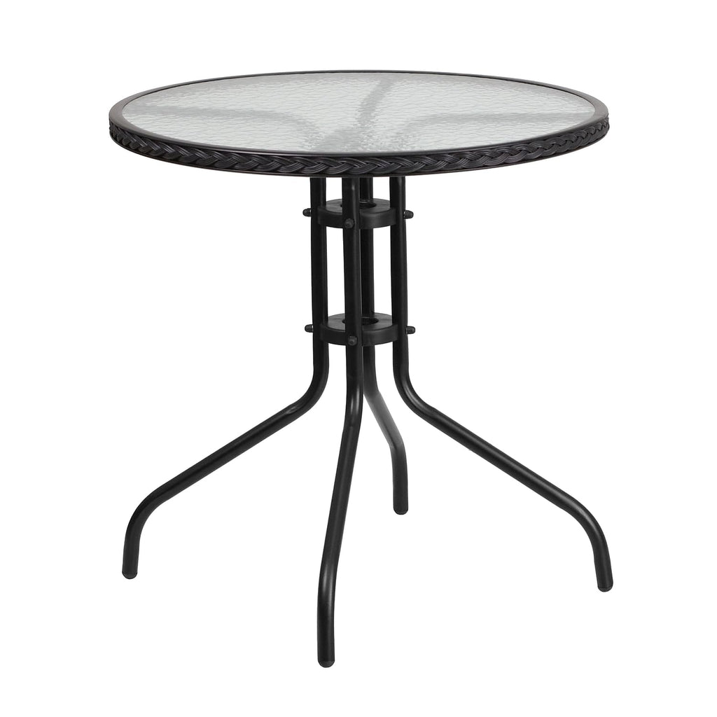 Flash Furniture Barker 28'' Round Tempered Glass Metal Table with Dark Brown Rattan Edging