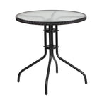 Flash Furniture Barker 28'' Round Tempered Glass Metal Table with Dark Brown Rattan Edging