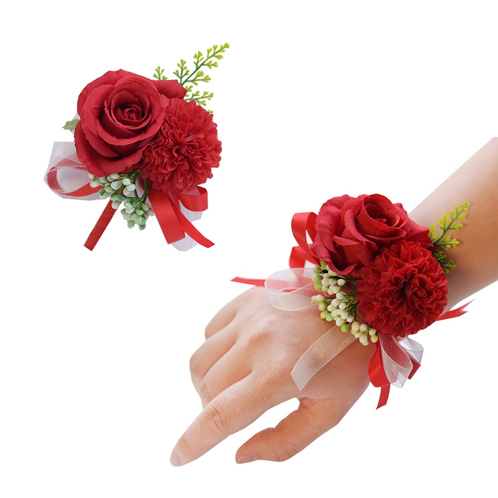 ARTFLWS 2PCS Rose Flower Wrist Corsage Boutonniere Set Handmade Artificial Corsage Set Bride Hand Flower Men Boutonniere for Wedding Party Prom Decorations (Red)…