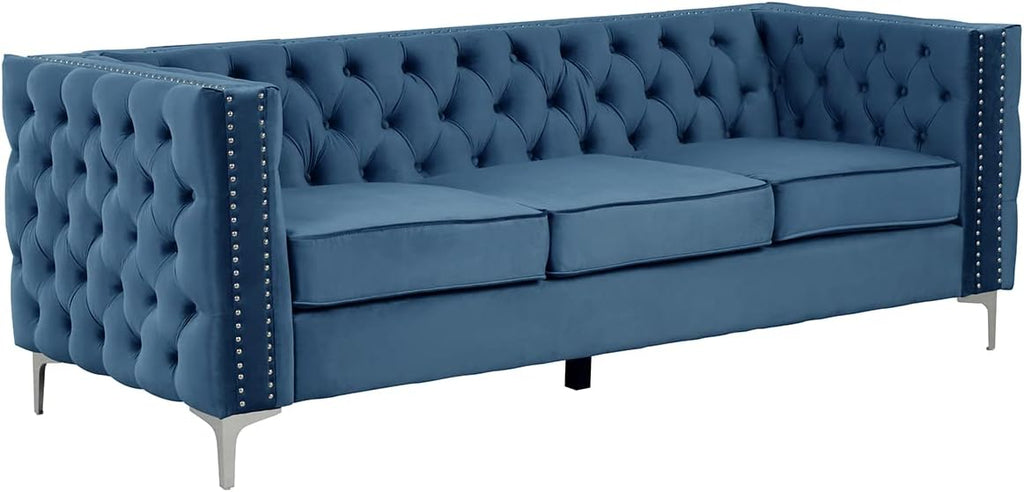Morden Fort Sofas for Living Room, 85" Blue Chesterfield Sofa with Button Tufted & Nailhead Trim, Classic Velvet Upholstered Sofa for Office, Apartment, Home