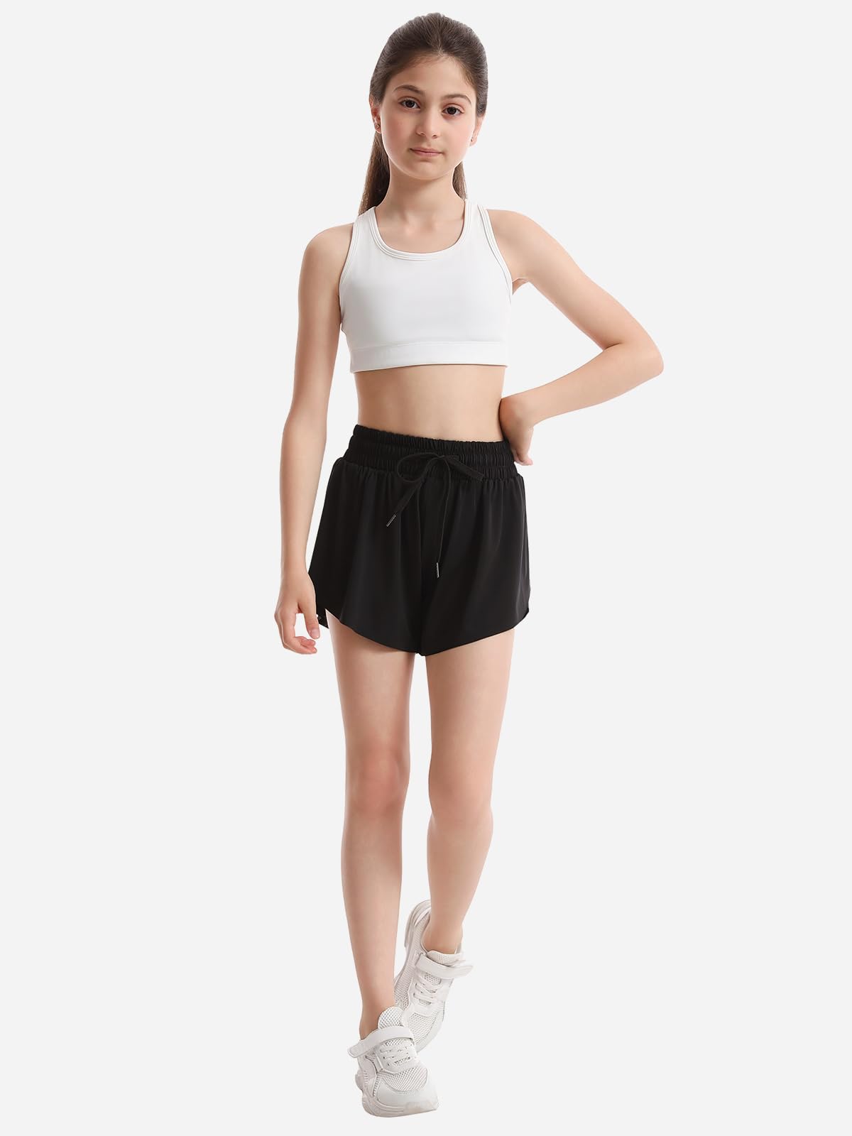 Mexholin 3 Packs Girls Butterfly Shorts 2 in 1 Girls Athletic Shorts Youth Flowy Shorts for Active, Running,Basketball Black/White/Hot Pink S