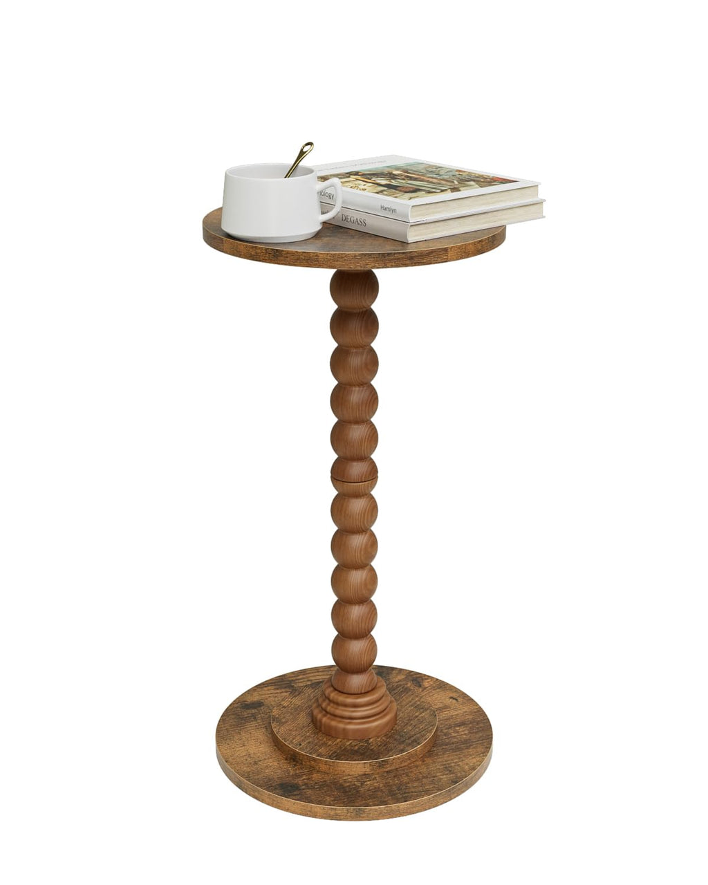 Masupu Drink Table, Round Side Table for Small Spaces, Pedestal Small End Table with Metal Base, for Living Room, Bedroom, Bathroom, Rustic Brown