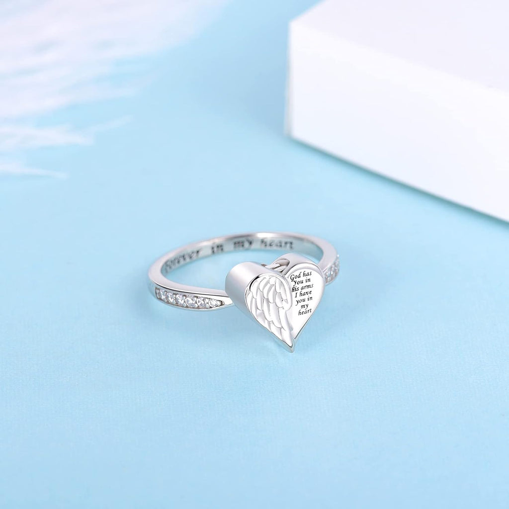 Angel Wing Heart Cremation Ring for Women - 925 Sterling Silver Holds Loved Ones Ashes Rings for Pet Human Ash