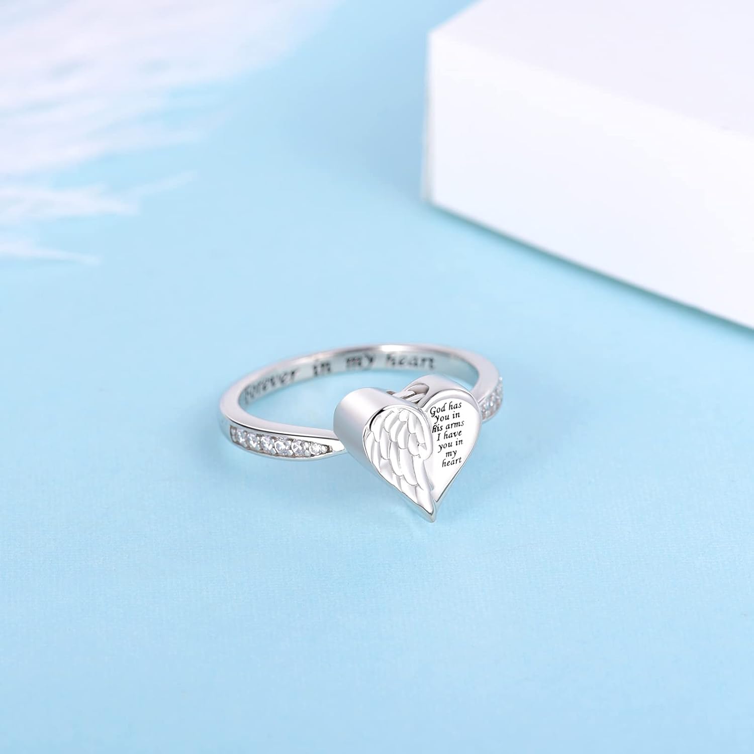 Angel Wing Heart Cremation Ring for Women - 925 Sterling Silver Holds Loved Ones Ashes Rings for Pet Human Ash