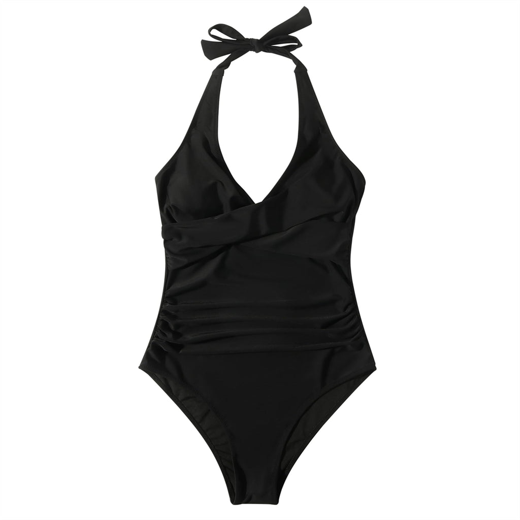 SUUKSESS Women Sexy Tummy Control One Piece Swimsuits Halter Push Up Monokini Bathing Suits (Black, L)