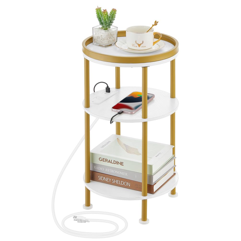 Small Round Side Table for Small Spaces, 3-Tier Round Accent Table Slim Side Table, Modern Sofa Corner Table for Living Room Nightstand Bedroom (Rustic Brown)