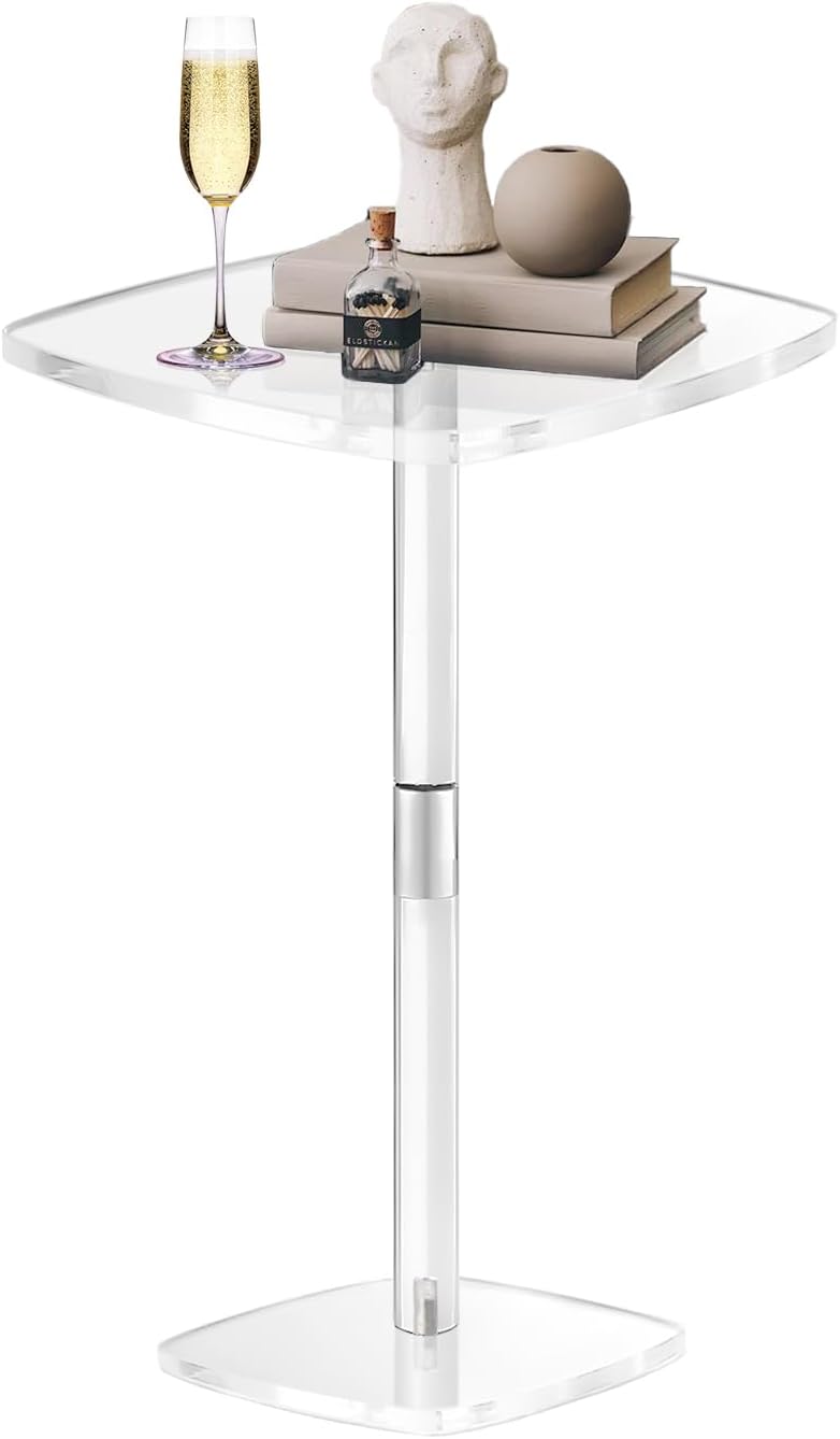 Square Drink Table, Acrylic Side Table for Small Spaces, Clear Pedestal Side Table, Cocktail Martini Table for Living Room, Bedroom, Sofa, Chair, Easy Assembly