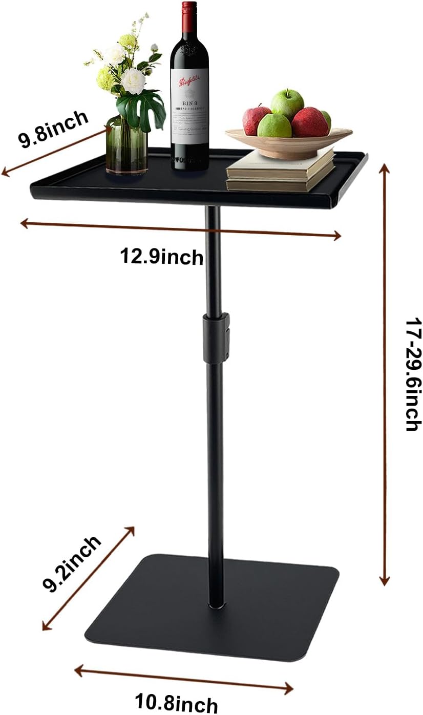 Metal Sofa Side Table,Height Adjustable Tall Side Couch Tables,Small TV Tray Table for Small Spaces with Matte Black Tray,Square Drink Coffee Tables for Bedroom,Black