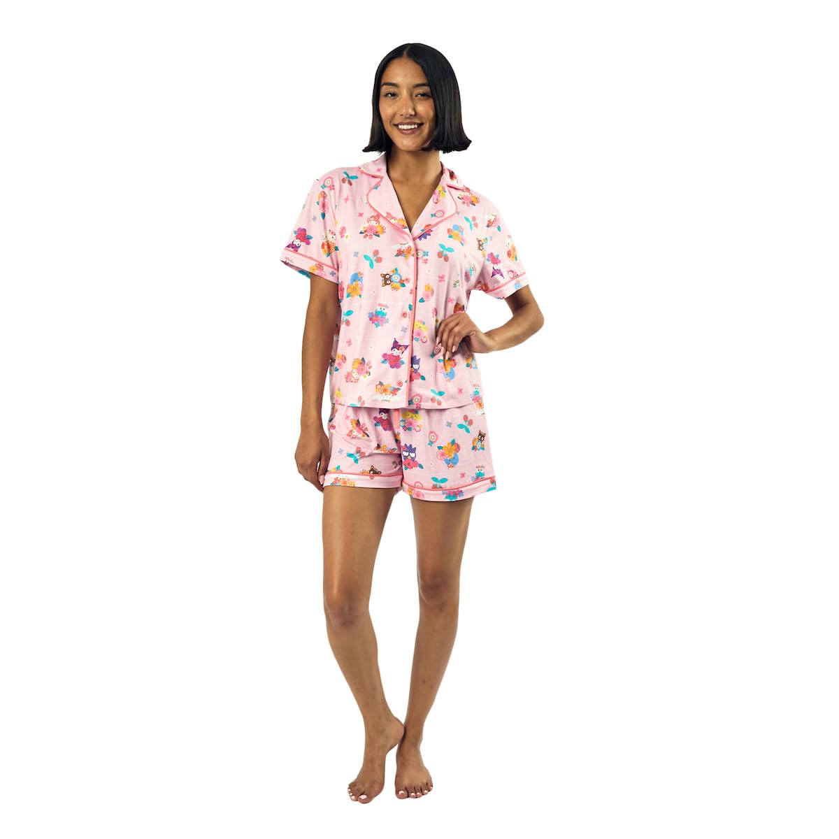 Bioworld Hello Kitty & Friends Floral Character Print Women's Pink Sleep Shirt & Shorts Set-Small