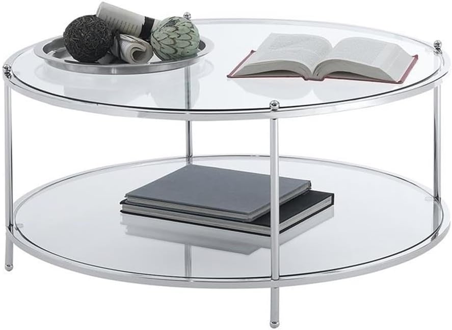 Convenience Concepts Royal Crest 2 Tier Round Glass Coffee Table, Clear Glass / Chrome Frame