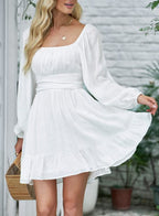 Dokotoo Womens Summer Dress Square Neck Tie Back Fall Clothes Lantern Long Sleeve White Dress Ruffle A-Line Plus Size Dress Shirred Elastic Waist Casual Mini Dress XX-Large