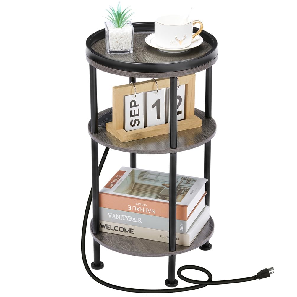 Small Round Side Table for Small Spaces, 3-Tier Round Accent Table Slim Side Table, Modern Sofa Corner Table for Living Room Nightstand Bedroom (Rustic Brown)