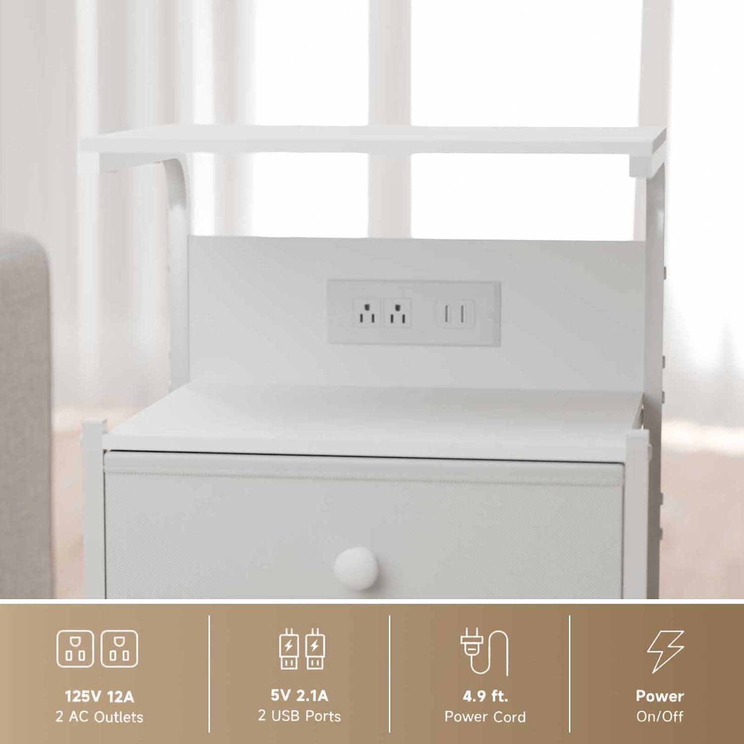 Nightstand with Charging Station and LED Lights, Side Table with 2 Fabric Drawers, Bedroom Nightstand, 3 Tier Storage Coffee Table, Living Room (1, White)